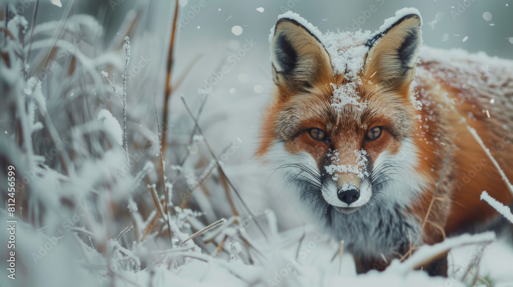 Alert red fox in snowy wilderness, gazing with piercing eyes. Alert red fox in snowy wilderness, gazing with piercing eyes.