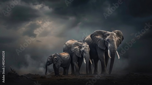 This powerful image showcases a close-knit family of African elephants in a dramatic, moody lighting