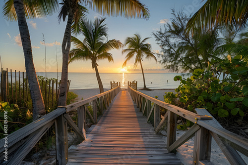 Panorama view of footbridge to the Smithers beach at sunrise - Key West, Florida. © Areesha