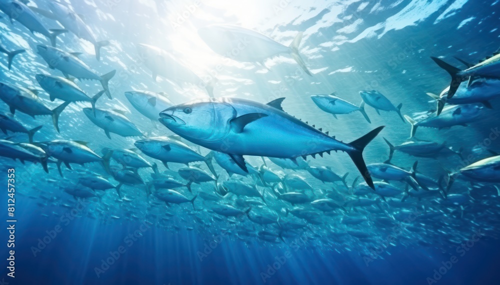 Fototapeta premium Groups of giant Tuna fish in the underwater, coral reef, amazing underwater life, various fish and exotic coral reefs, ocean wild creatures background