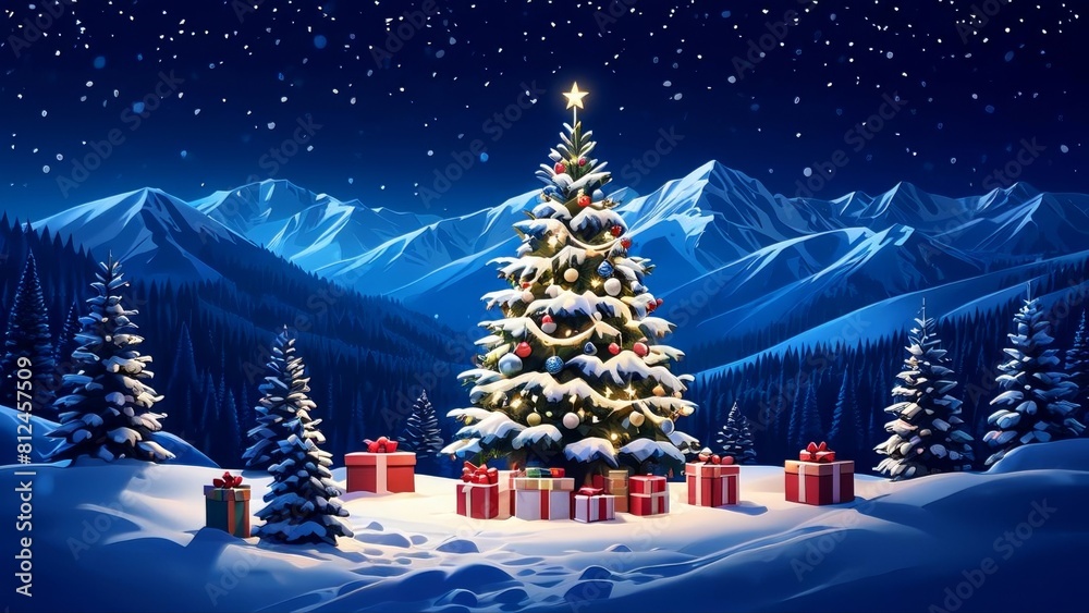 Decorated Christmas Tree in snowy winter landscape in glittering light - xmas eve in the nature