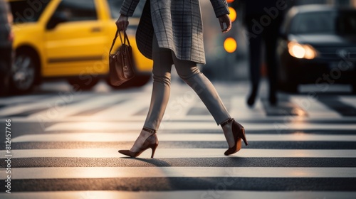 Close-up, of side view legs Businesswoman crossing the street on the crosswalk, at the modern office district in city. photo