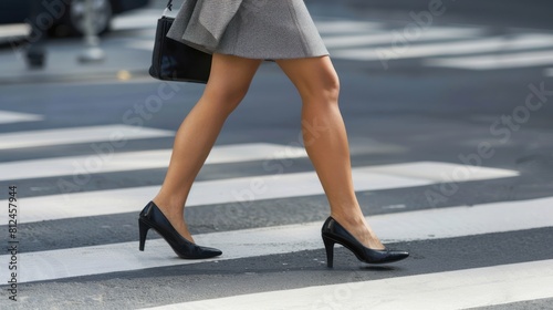 Close-up, of side view legs Businesswoman crossing the street on the crosswalk, at the modern office district in city.
