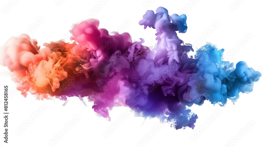 Fototapeta premium A multicolored smoke cloud. The colors are red, orange, yellow, green, blue, and purple. The smoke cloud is on a black background.