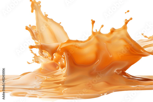 A caramel-colored liquid is shown in mid-splash against a black background.