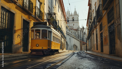 A vintage tram meanders through Lisbon's old town at golden hour.