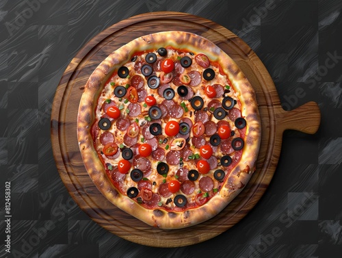 Wooden table hosts a delicious pizza with salami, cheese, and fresh tomato sauce, creating a tempting Italian meal