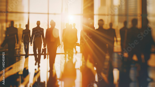 Silhouetted figures in a sun-drenched office building signify bustling corporate life.