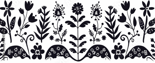
Folk art floral design elements in black vector on white background, Polish folk ornament motifs, simple lines, no shading photo