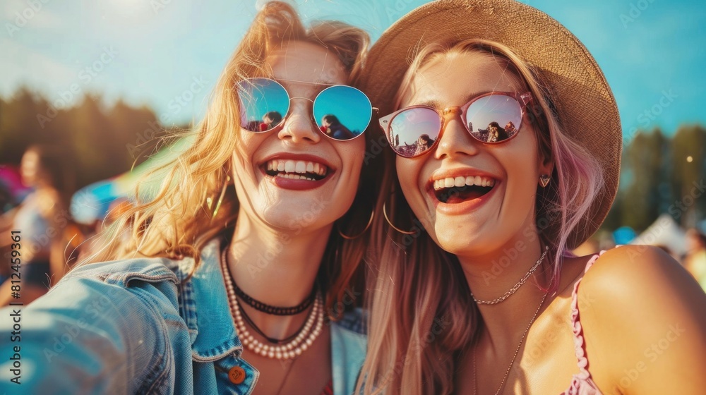 Two cool girls are having fun at music festival at park. Two cool girls are having fun at music festival at park.