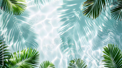 palm leaves background Top view of tropical leaf shadow on water surface. Shadow of palm leaves on white background. Beautiful abstract background concept banner for summer vacation at the beach.