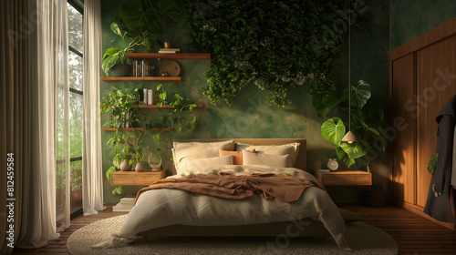 A cozy bedroom with a comfortable bed set against a lush green wall, warm wooden accents and earthy tones throughout the room