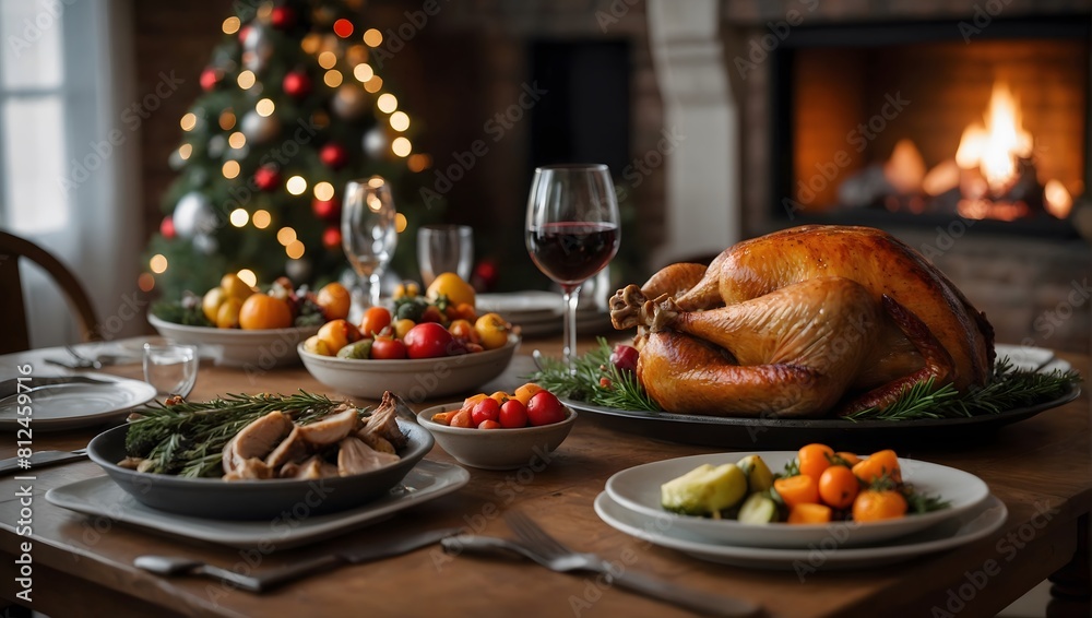 Roast turkey with vegetables on a dining table with blurry christmas tree and fireplace in background. Roast turkey with vegetables on a dining table with blurry christmas tree and fireplace in background.