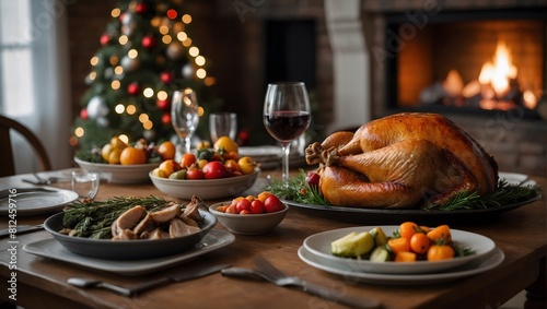 Roast turkey with vegetables on a dining table with blurry christmas tree and fireplace in background.