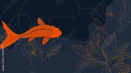 A orange koi fish with a dark blue background featuring gold lines and leaves  website background  design template 