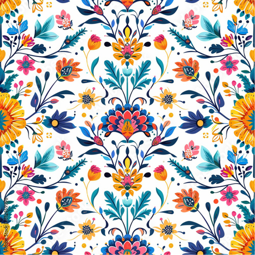  simple seamless pattern  colorful folk art floral patterns with hearts and flowers  seamless border design  bright colors  white background