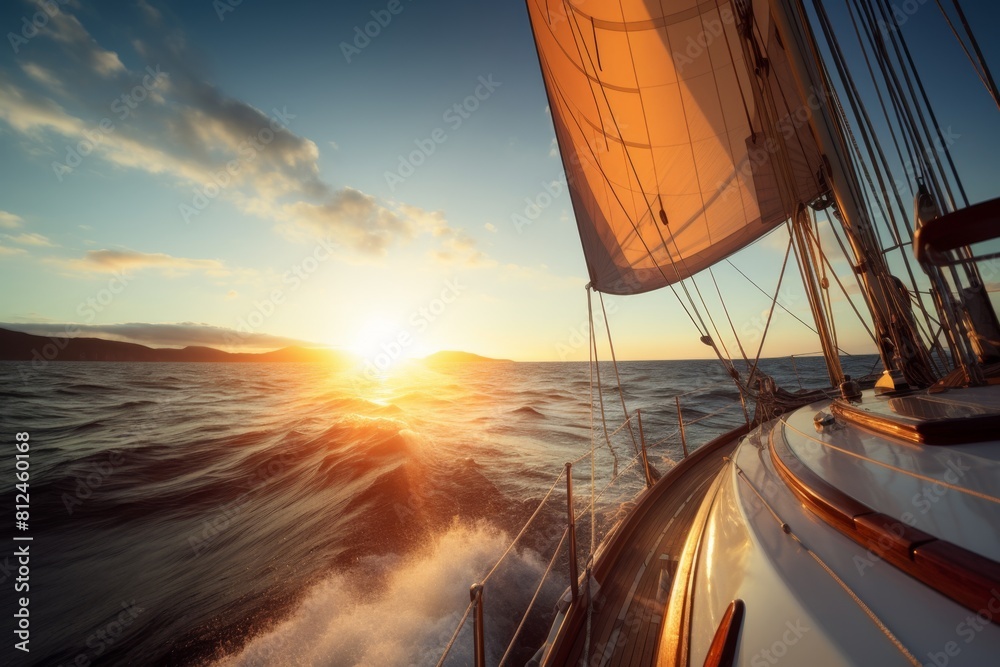 Fototapeta premium Golden Sunset Sailing Adventure in Coastal Waters