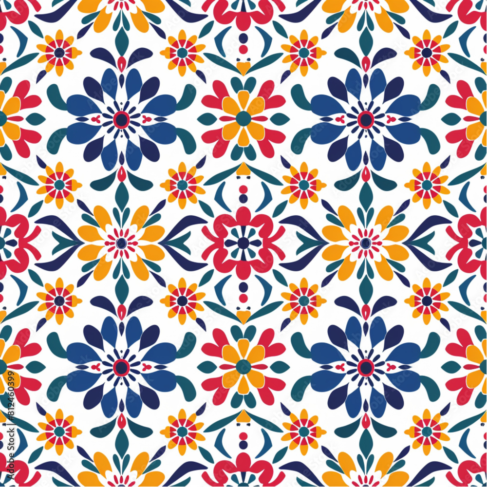 
simple seamless pattern, colorful folk art floral patterns with hearts and flowers, seamless border design, bright colors, white background