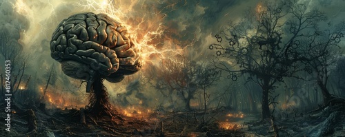 An apocalyptic image of a dying forest, where the last tree is a giant brain emitting sparks with gears frozen around its base