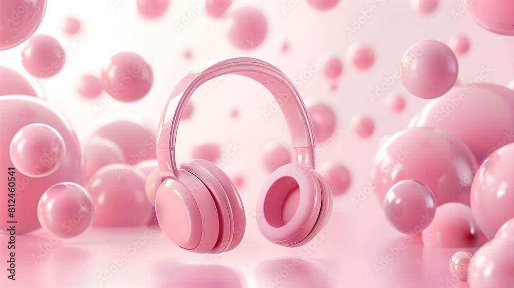 Pink Headphones Floating in a Dreamy Bubble Environment Pink Headphones Floating in a Dreamy Bubble Environment