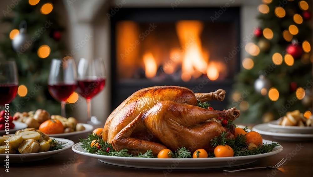Roast turkey with vegetables on a dining table with blurry christmas tree and fireplace in background. Roast turkey with vegetables on a dining table with blurry christmas tree and fireplace in background.