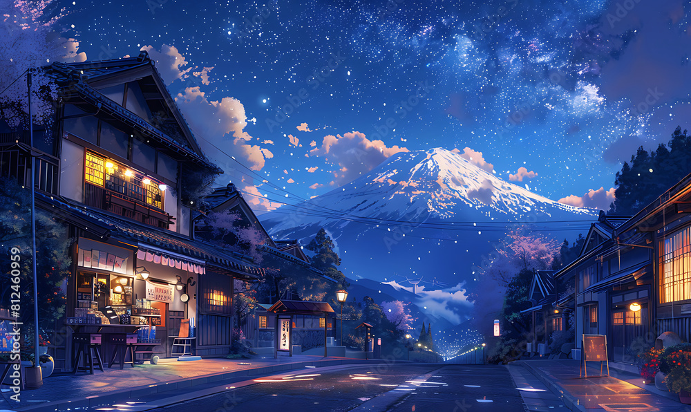 The Magical Atmosphere Imagines Shopping at Night in the Shop Area with Views of the Starry Sky and Mountains on the Horizon The Magical Atmosphere Imagines Shopping at Night in the Shop Area with Views of the Starry Sky and Mountains on the Horizon
