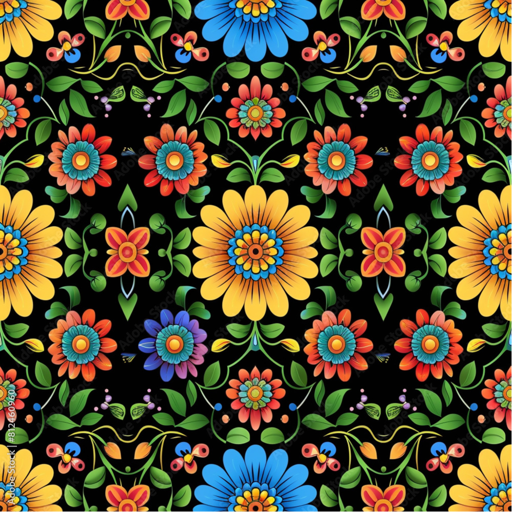 mexican seamless pattern, colorful flowers and green leaves on black background, in the style of folk art.


