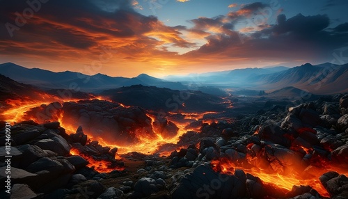 vast hellscape where fire is visible, beautiful and eerie landscapes sunset, sky, sunrise, landscape, nature, sun, mountain, clouds, mountains, cloud, desert, view, light  © Bulbas