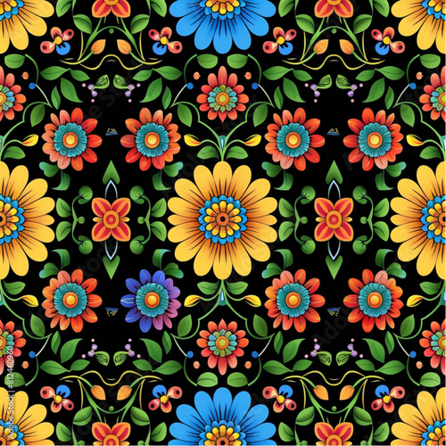mexican seamless pattern  colorful flowers and green leaves on black background  in the style of folk art.  