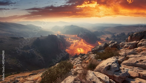 vast hellscape where fire is visible  beautiful and eerie landscapes sunset  sky  sunrise  landscape  nature  sun  mountain  clouds  mountains  cloud  desert  view  light 