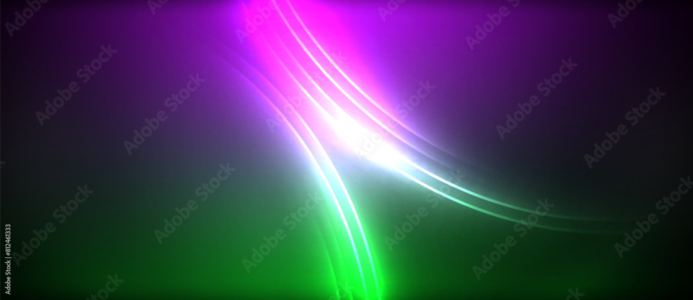 A vibrant mix of purple, green, and white lights illuminate a black background, creating a colorful visual effect reminiscent of a sky filled with electric blue and magenta hues A vibrant mix of purple, green, and white lights illuminate a black background, creating a colorful visual effect reminiscent of a sky filled with electric blue and magenta hues