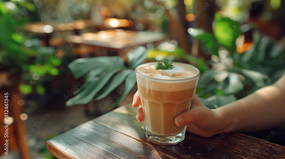 Coffee in hand at a tropical cafe Coffee in hand at a tropical cafe