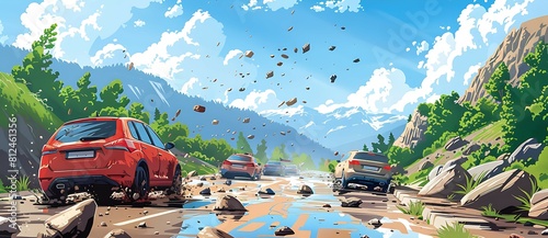 A car crash scene with a red car in the middle of the road photo