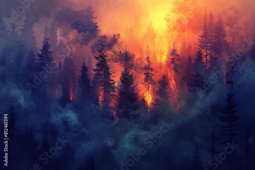 An artistic image of trees in a forest emitting plumes of smoke instead of leaves  symbolizing deforestation and air pollution