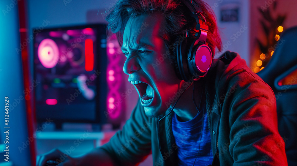 Emotional gamer for computer games and game consoles sat in front of the screen. Player with stormy emotions. Neon colors. Young man screaming in euphoria Emotional gamer for computer games and game consoles sat in front of the screen. Player with stormy emotions. Neon colors. Young man screaming in euphoria