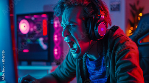 Emotional gamer for computer games and game consoles sat in front of the screen. Player with stormy emotions. Neon colors. Young man screaming in euphoria