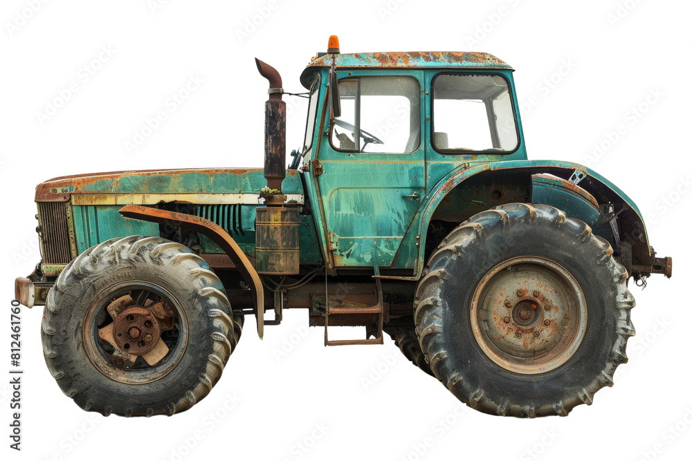 An old, rusted green tractor with a rusty wheel An old, rusted green tractor with a rusty wheel
