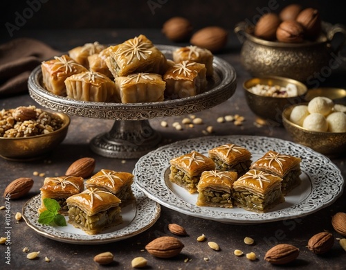 Mouth-watering images of delectable Eid sweets like Baklava, Ma'amoul, and Sheer Khurma.