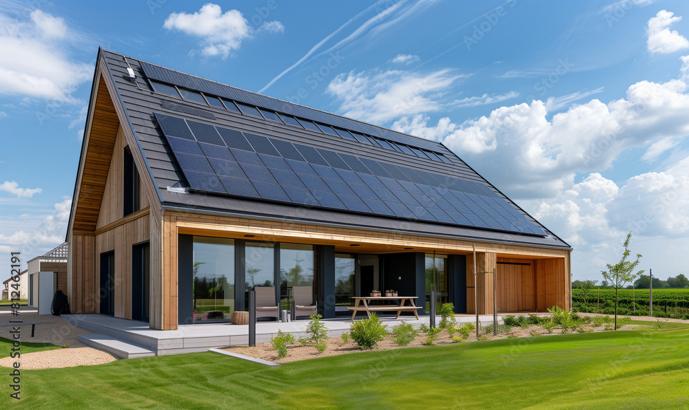 A new house in the suburbs with a photovoltaic system on the roof is an example of a modern approach to construction that combines elegance with ecology. A new house in the suburbs with a photovoltaic system on the roof is an example of a modern approach to construction that combines elegance with ecology.