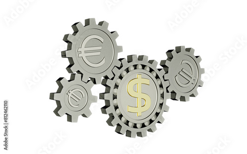 Gears with USD, Euro. Сoncept of control Mechanisms in Business. Time - business trade. Dollar control of the world. 3D rendered illustration.