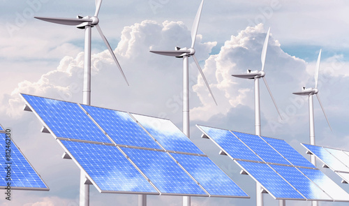 Wind generator of electricity from three blades and solar panels of a battery of photocells against a background of clouds and a blue sky. 3D rendered illustration