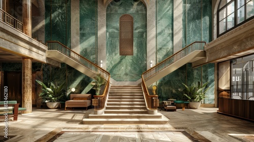 Ascend atriums grand staircase with velvet walls and verdigris details photo