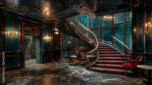 Ascend atriums grand staircase with velvet walls and verdigris details