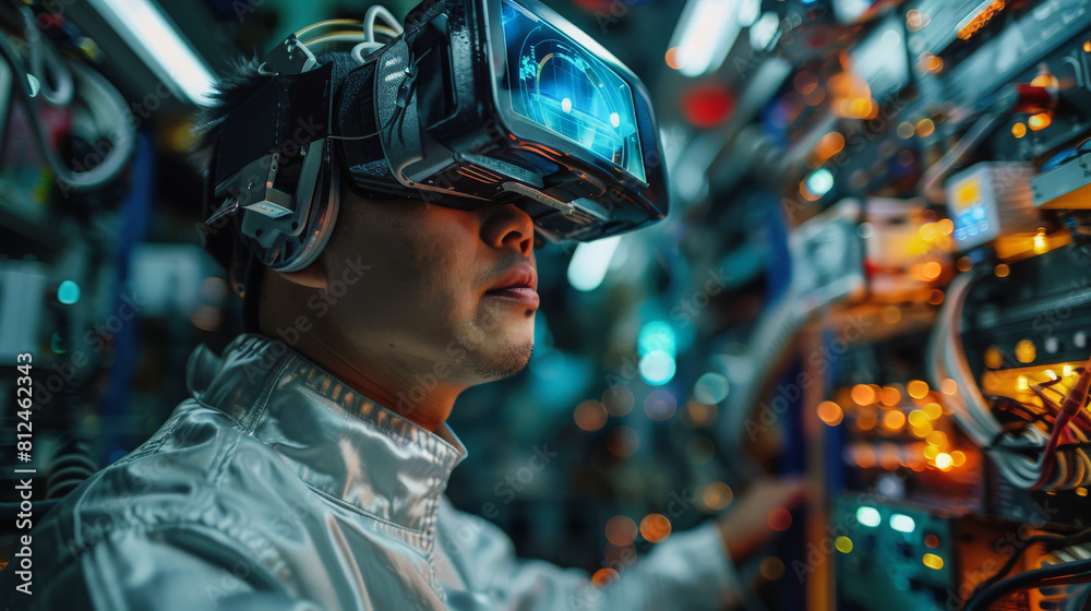 A person wearing futuristic virtual reality goggles is interacting with complex electronic equipment in what looks like a high-tech environment. A person wearing futuristic virtual reality goggles is interacting with complex electronic equipment in what looks like a high-tech environment.