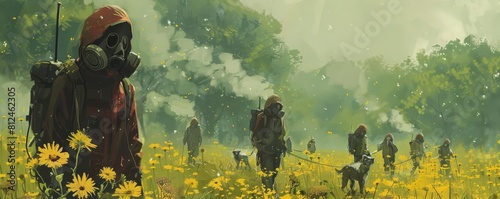 An artistic portrayal of a park where the flowers have gas masks, and people walk their dogs wearing air purifiers photo