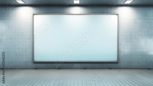 Blank white billboard in a subway station with tiled walls and a gritty, urban atmosphere. Billboard is rectangular and made of white metal and handing on wall. Copy space. Public transport. AIG35. © Summit Art Creations