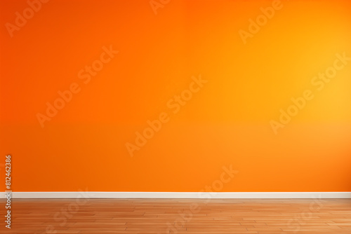Vibrant orange wall with wooden floor in a modern space.