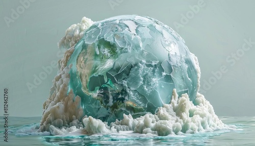 An artistic portrayal of Earth as a melting ice sculpture, highlighting global warming photo