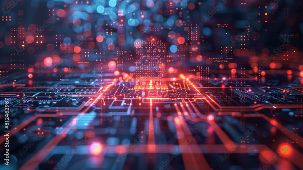 A visually complex circuit board with glowing red and blue lights, representing an electronic system or futuristic technology with an emphasis on data processing. A visually complex circuit board with glowing red and blue lights, representing an electronic system or futuristic technology with an emphasis on data processing.