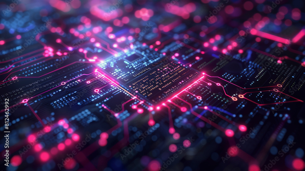 Close-up view of a circuit board with red and pink illuminated traces symbolizing data flow or electrical connectivity in computing and technology systems. Close-up view of a circuit board with red and pink illuminated traces symbolizing data flow or electrical connectivity in computing and technology systems.